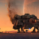 a space ship on a dusty planet at sunset - starfield